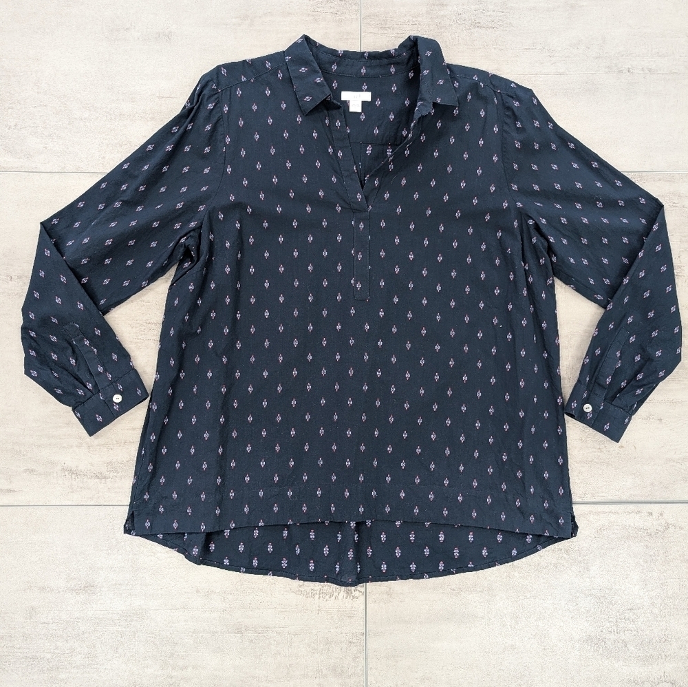 J. Jill Women's Navy Aztec Western Long Sleeve Blouse Tunic Top Size Large